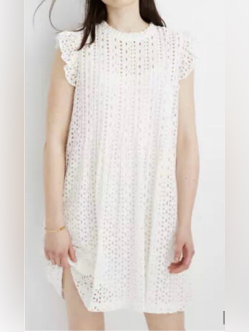 NEW MADEWELL WHITE EYELET RUFFLE SLEEVE PINTUCK MINI DRESS AN137 SIZE MEDIUM